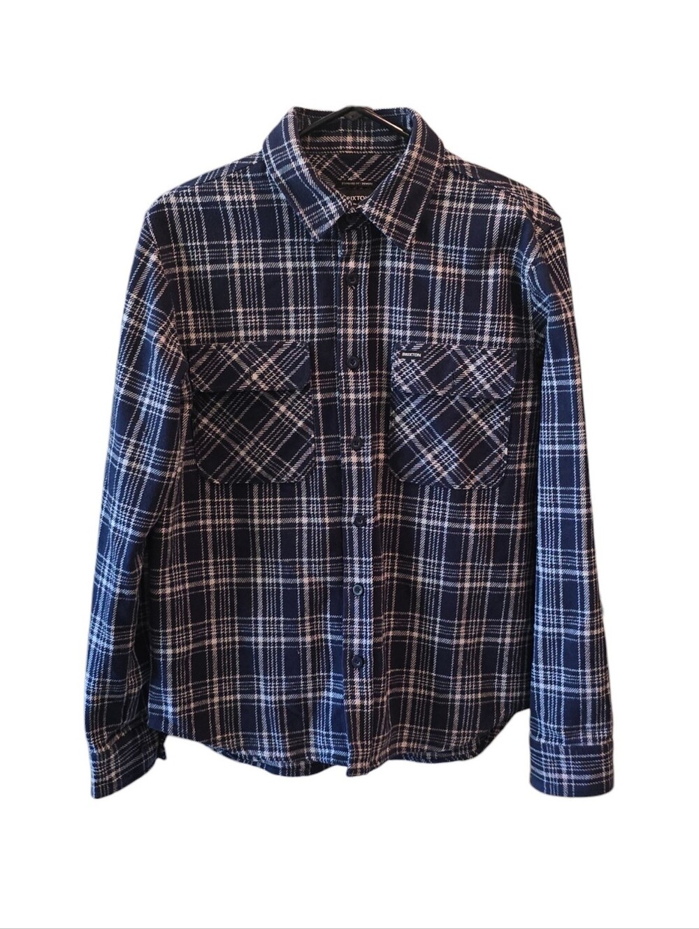 💜 BRIXTON 100% Cotton Bowery Standard Fit Plaid Button Down Thick Flannel Blue